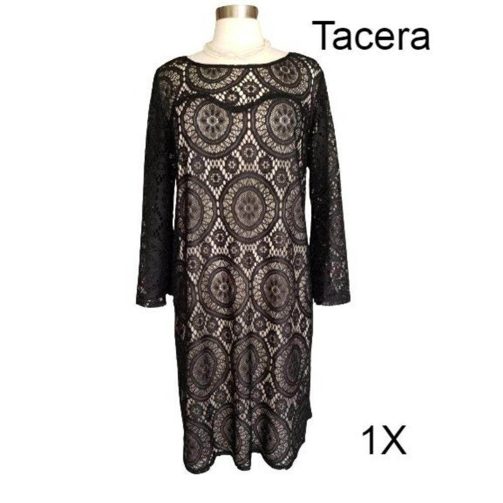 Women's Plus Black Stretch Sheer Lace 3/4 Sleeve Mid A-line Dress 1X NWOT